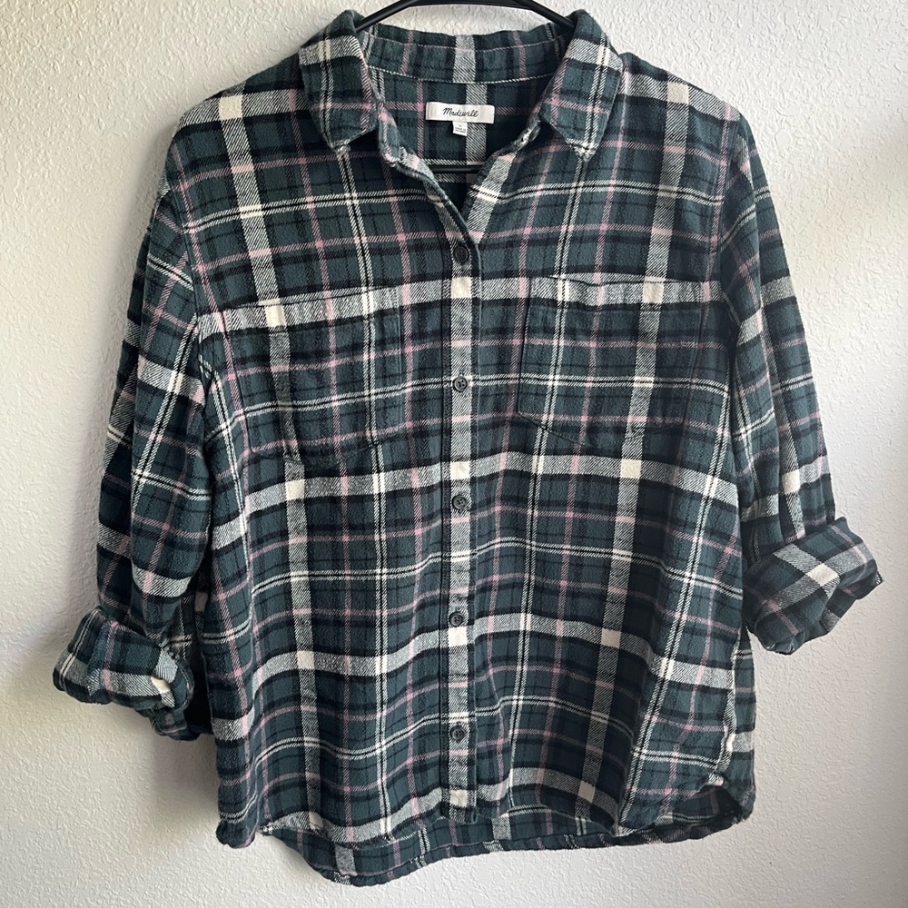 Madewell Green and White Plaid Shirt